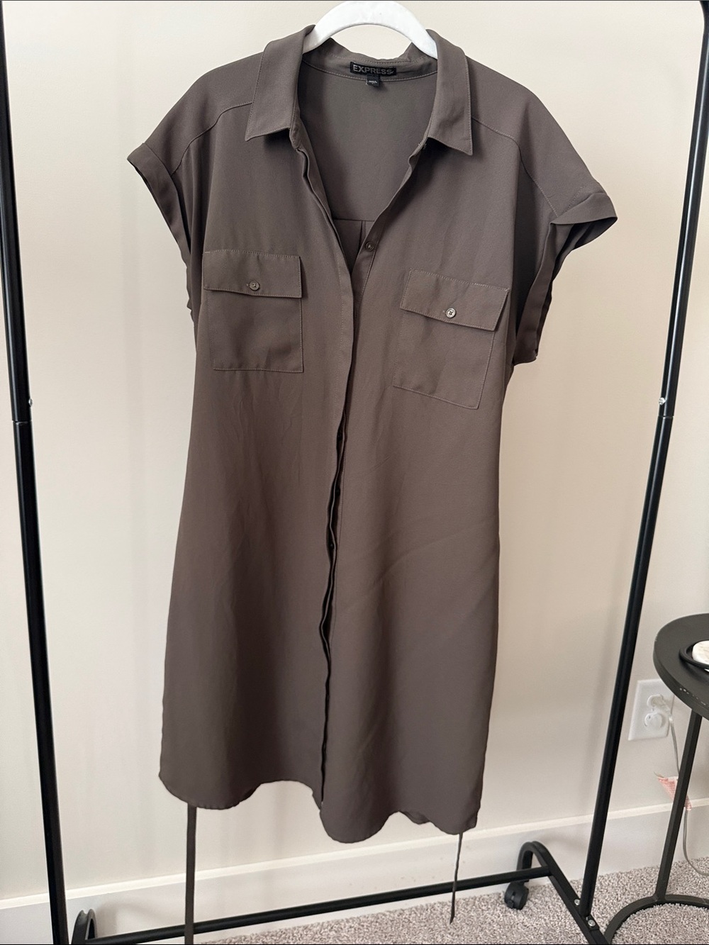 Express Olive Green Crepe Short-Sleeve Utility Dress